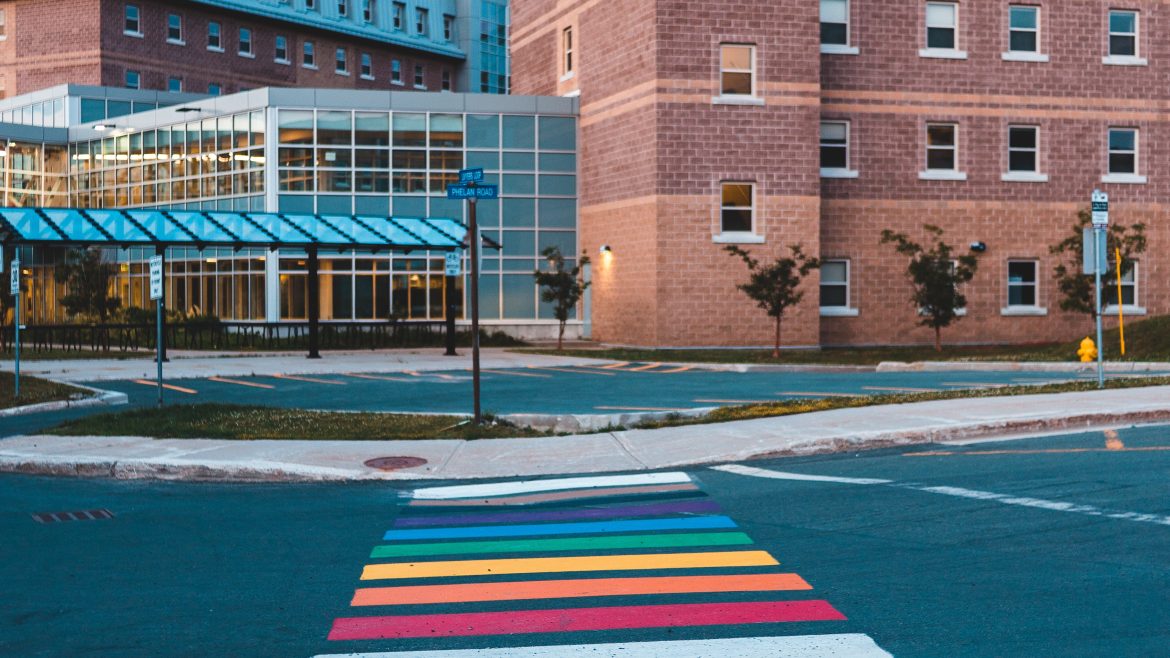 Image of a zebra crossing in rainbow/Pride colours